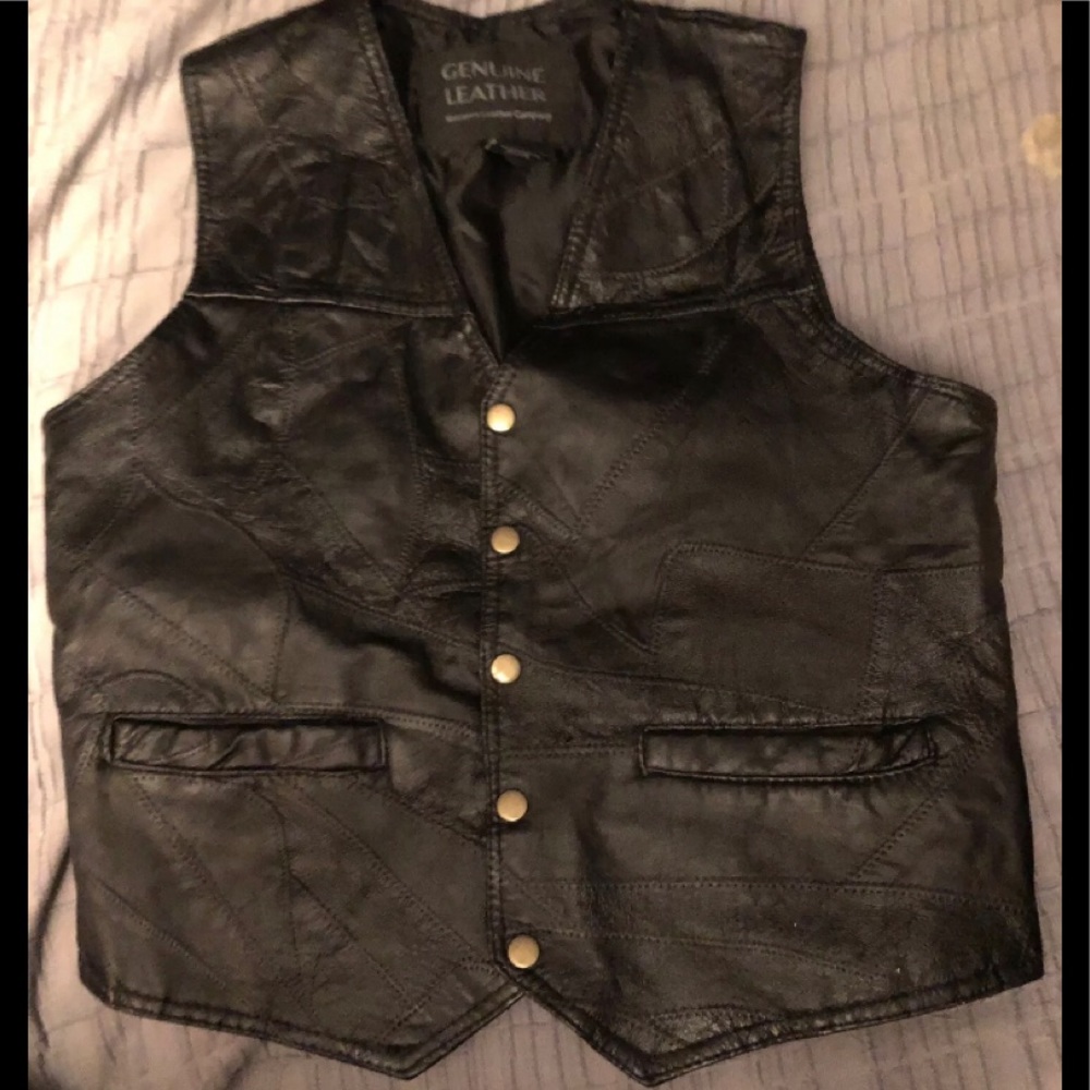 Vintage Navarro Black Leather Vest Men’s size M Patchwork with brass snaps NM